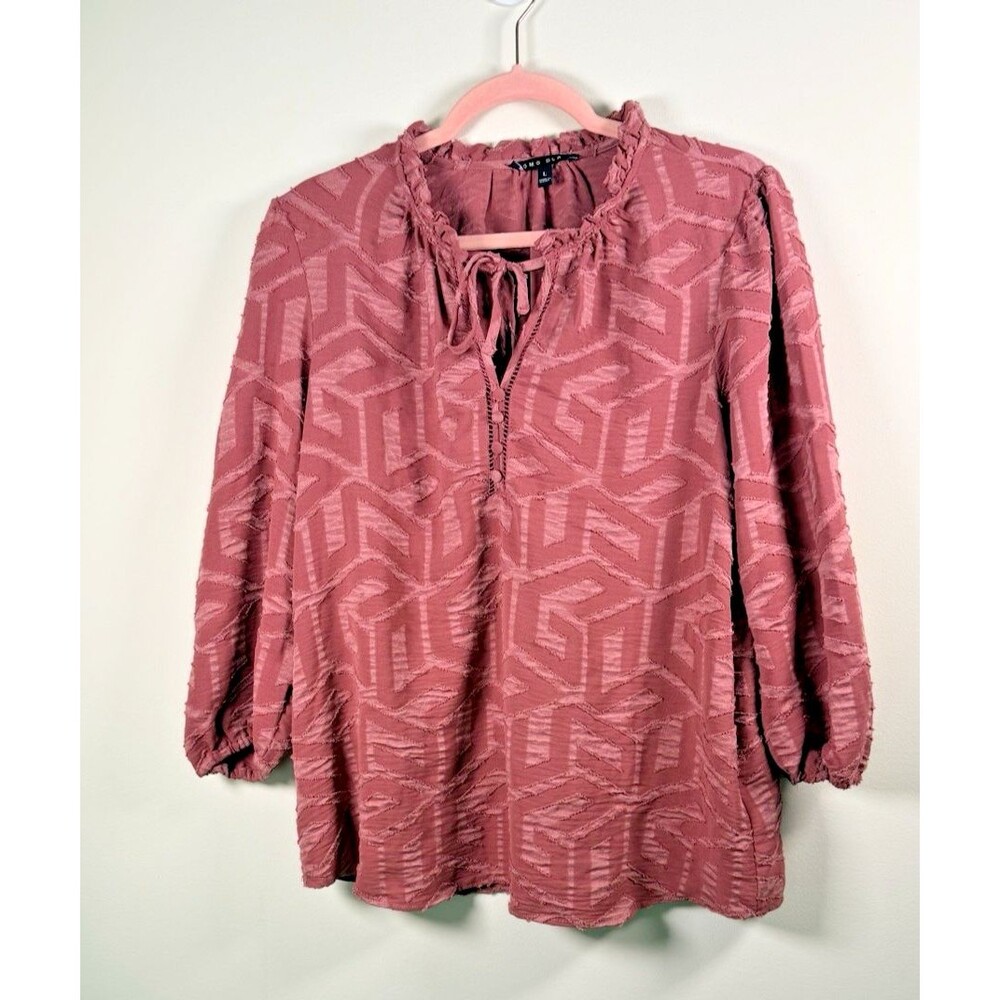 Como Black Womens Pink Geometric Jacquard V-Neck Tie 3/4 Sleeve Blouse - L